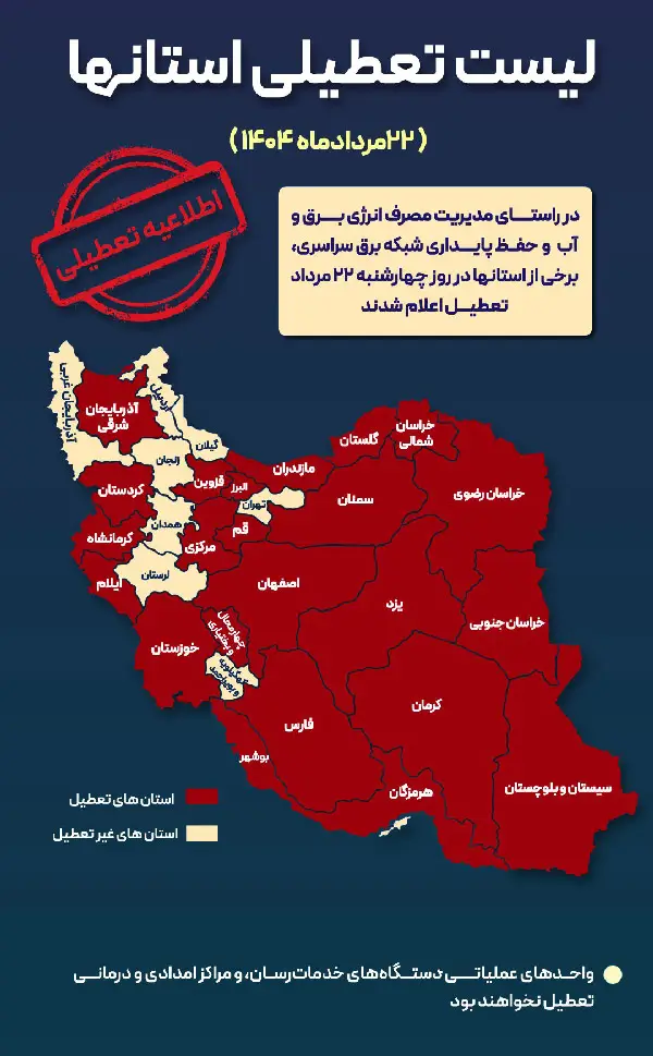 لیست استان‌های تعطیل - چهارشنبه ۲۲ مرداد